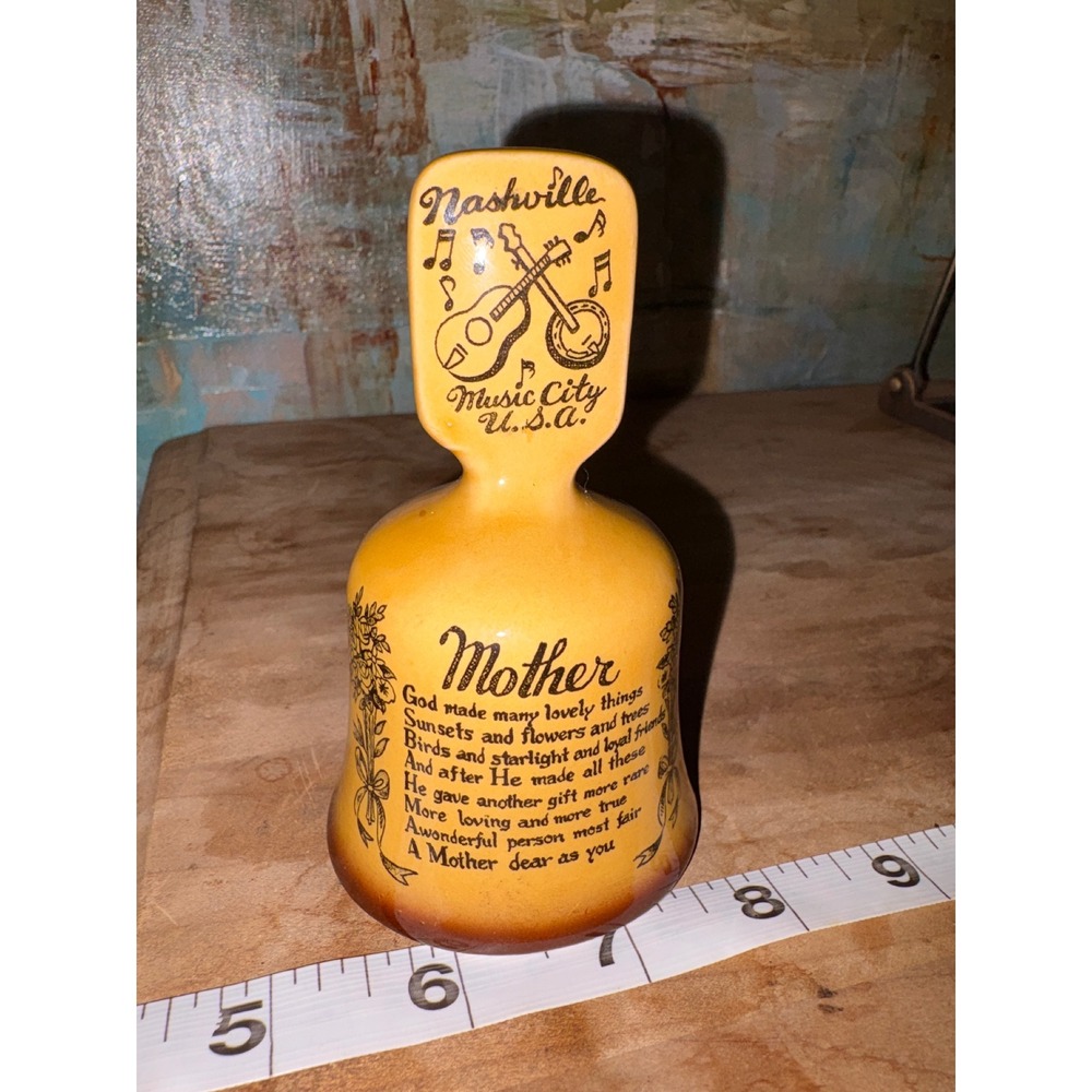 Vintage Nashville Music City USA Mother Ceramic Bell Made in Japan Yellow Brown